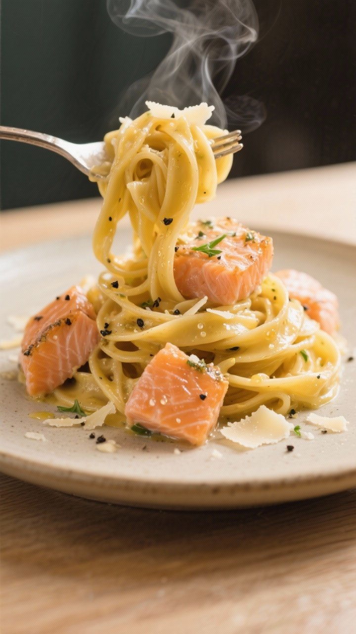 Final plated detail shot: Close-up of twirled tagliatelle lifted slightly on the plate to showcase t