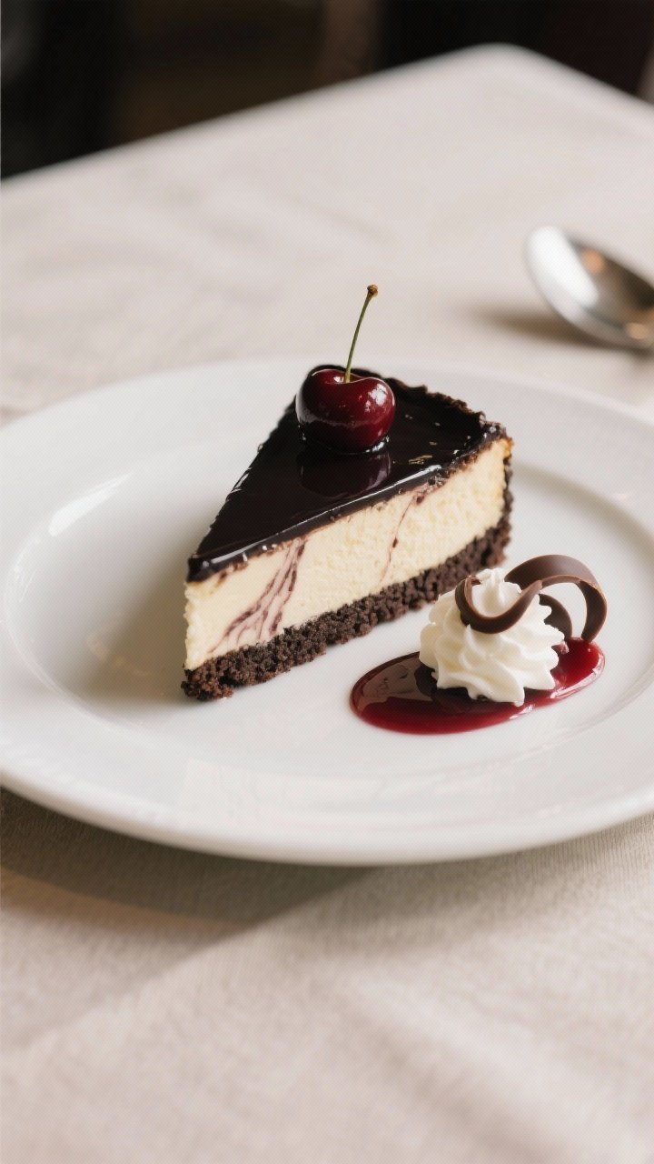 Final plated dish: A single, clean slice of Black Forest cheesecake on a white rimmed plate, showing