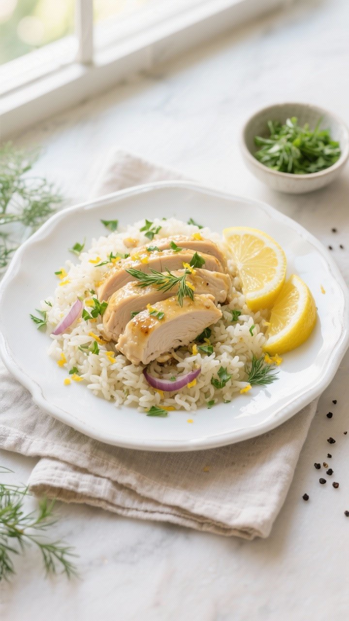 Final plated dish: Beautifully plated Slow Cooker Lemon Herb Chicken and Rice on a wide white rimmed