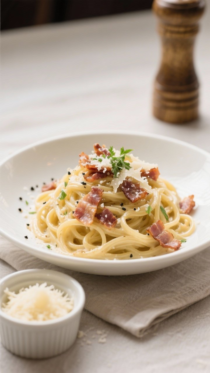 Final plated dish beauty: Creamy Bacon Carbonara piled high in a shallow white ceramic bowl, sauce c