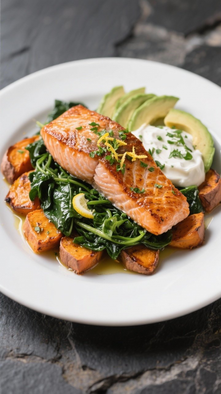 Final plated dish beauty: Restaurant-quality plate of the Salmon and Sweet Potato Power Plate—bed 