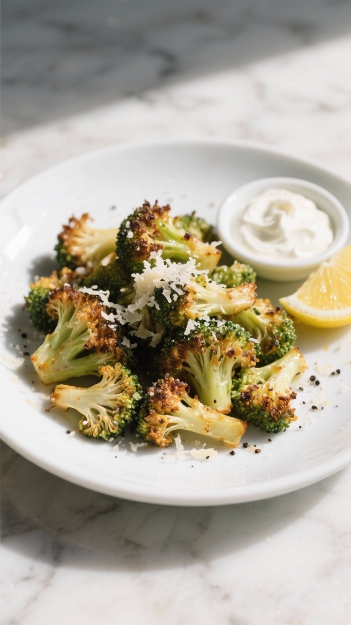 Final plated dish beauty: Restaurant-quality plating of Air Fryer Broccoli Florets in a wide, white
