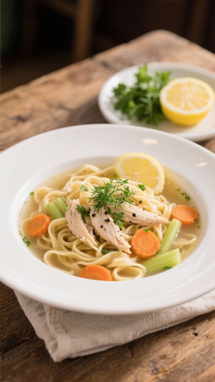 Final plated dish — cozy bowl service: Beautifully plated bowl of chicken noodle soup with a rich,