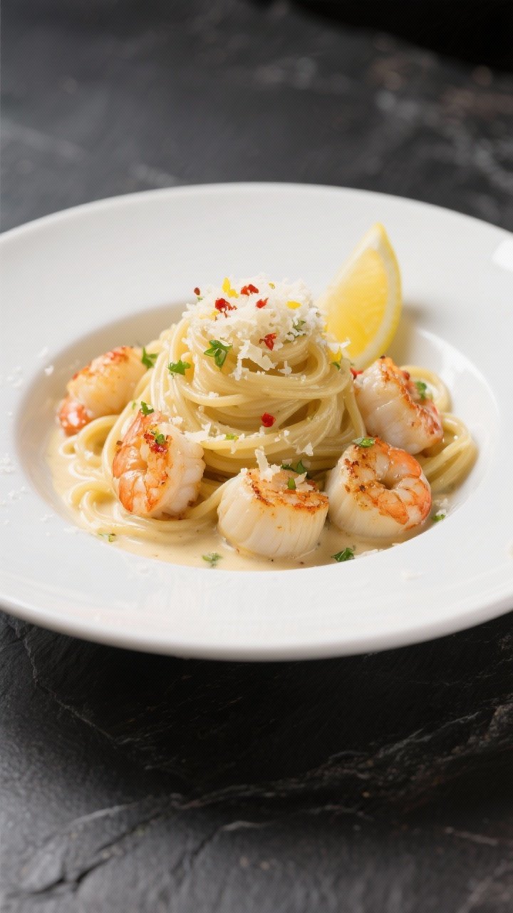 Final plated dish: Creamy seafood linguine twirled high in the center of a wide white bowl, silky sa