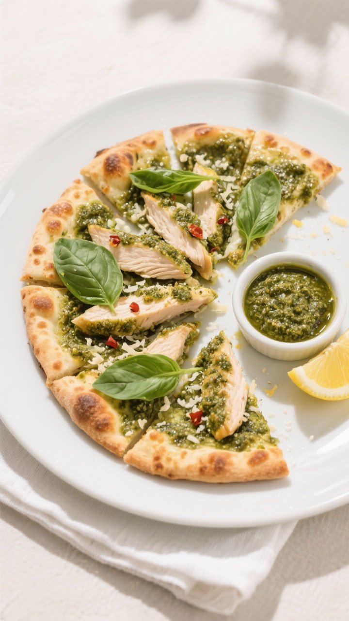 Final plated dish, overhead: Restaurant-quality presentation of sliced pesto chicken flatbread arran