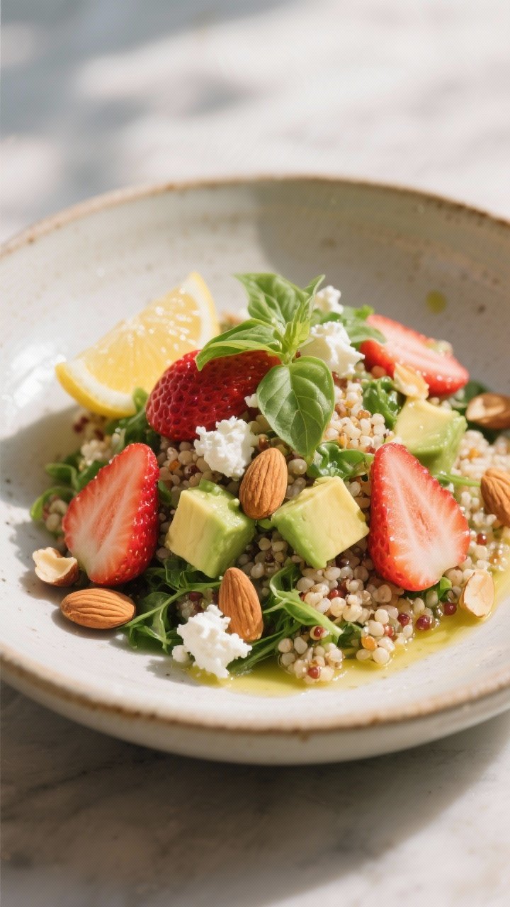 Final plated dish – presentation: Beautifully plated Strawberry Quinoa Salad in a low, wide cerami