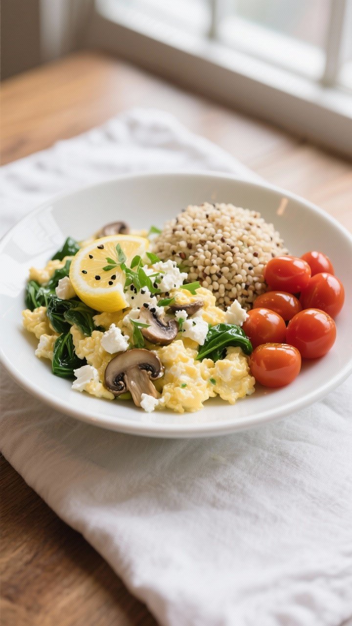 Final plated dish, restaurant-quality: Beautifully plated Spinach and Mushroom Egg White Scramble in