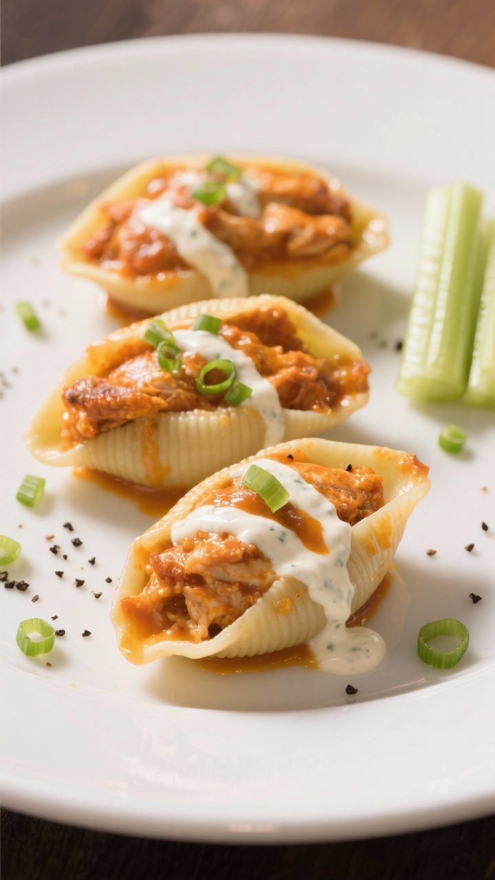 Final plated dish: Restaurant-quality presentation of 3 Buffalo chicken stuffed shells on a matte wh