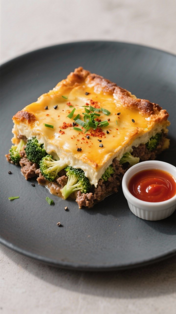 Final plated dish: Restaurant-quality presentation of a square slice of Ground Beef and Broccoli Cas
