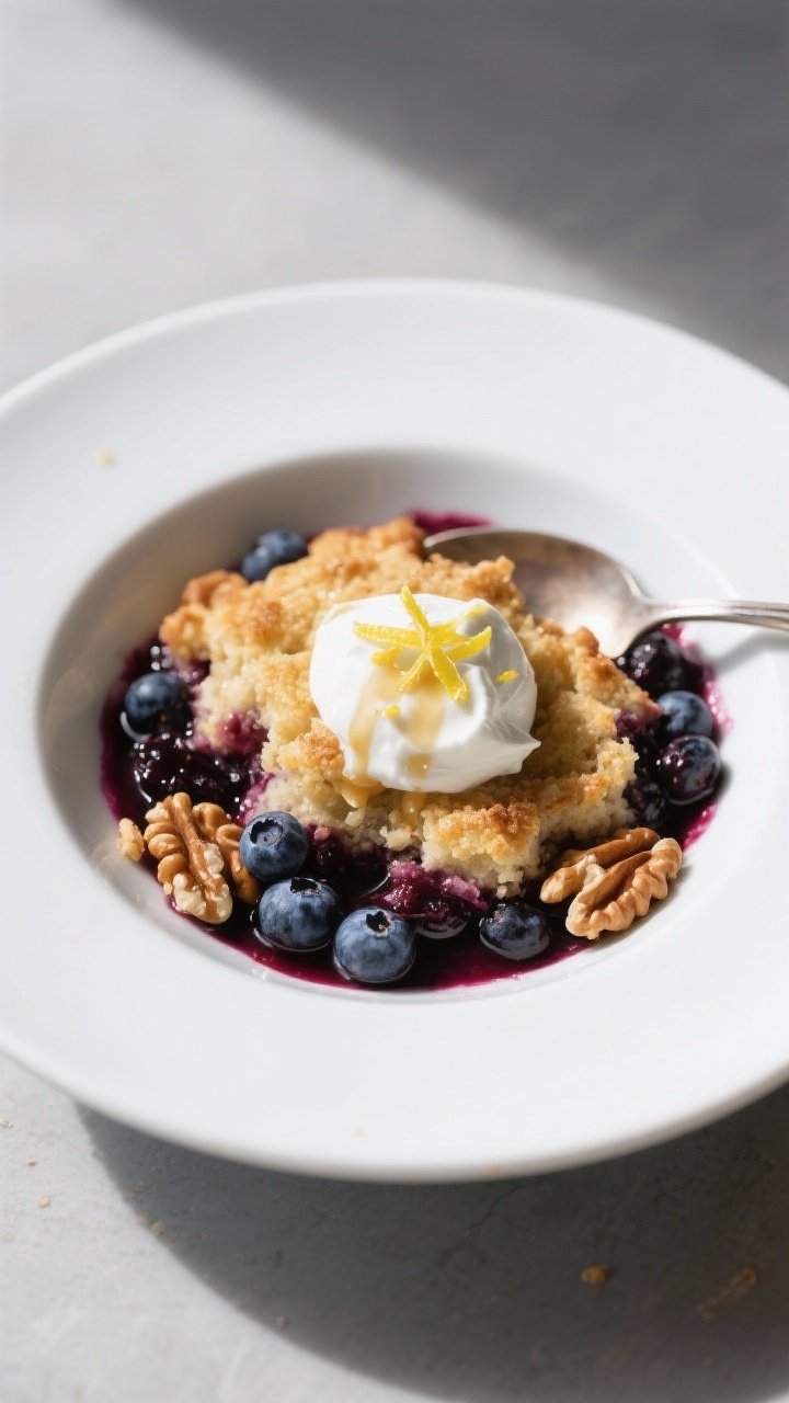 Final plated dish: Restaurant-quality presentation of a serving of Healthy Blueberry Cobbler spooned
