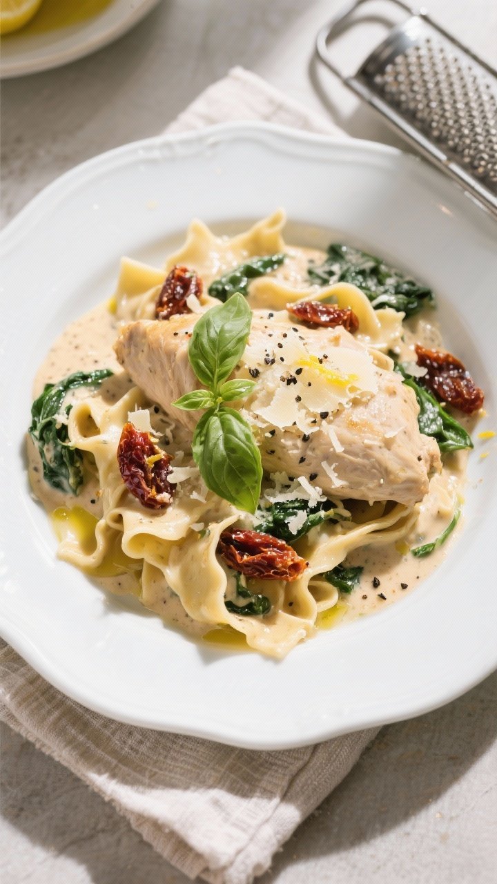 Final plated dish: Restaurant-quality presentation of Creamy Tuscan Crockpot Chicken over al dente p