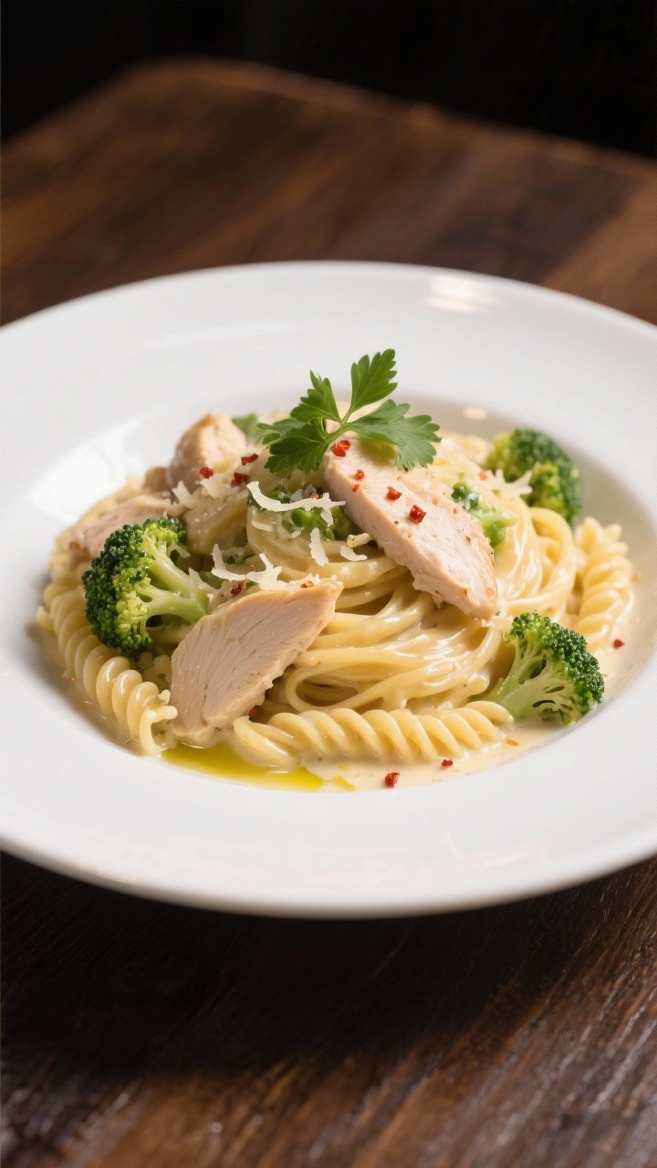 Final plated dish: Restaurant-quality presentation of creamy chicken and broccoli pasta twirled into
