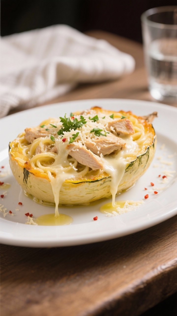 Final plated dish: Restaurant-quality presentation of a generous scoop of Chicken Alfredo Spaghetti 