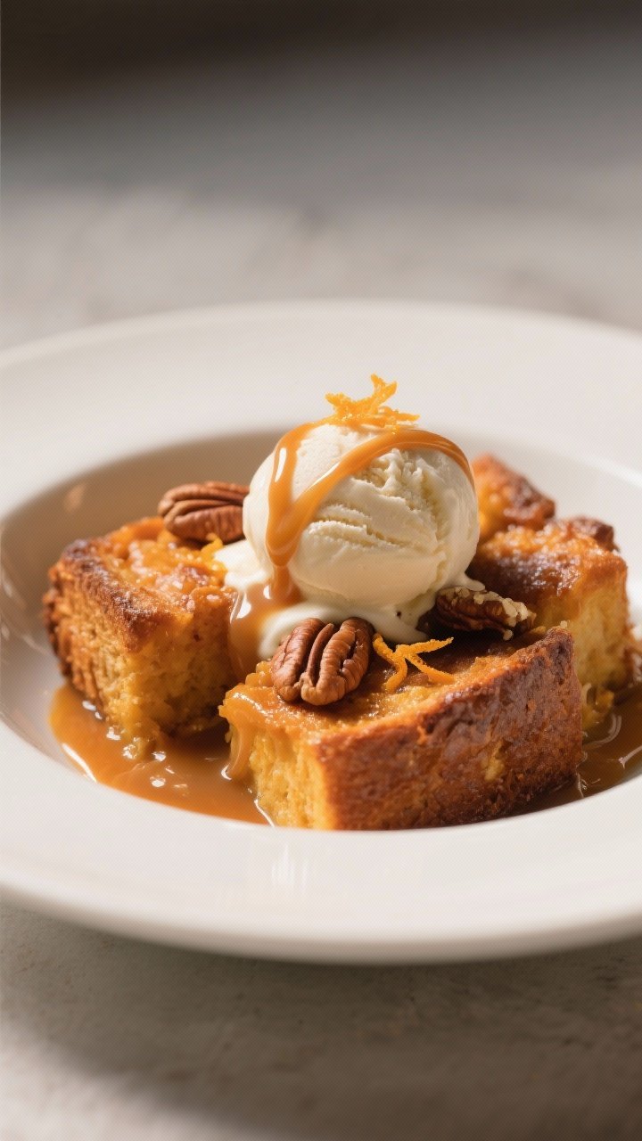 Final plated dish: Restaurant-quality presentation of a warm scoop of pumpkin bread pudding in a low