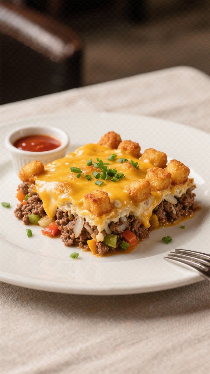Final plated dish: Restaurant-quality presentation of a generous square of the finished ground beef 
