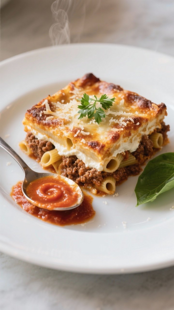 Final plated dish: Restaurant-quality presentation of a neatly cut square of baked ziti on a wide wh