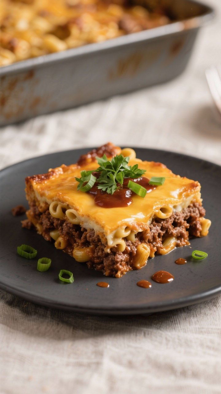 Final plated dish: Restaurant-quality slice of BBQ Ground Beef and Macaroni Casserole served on a ma