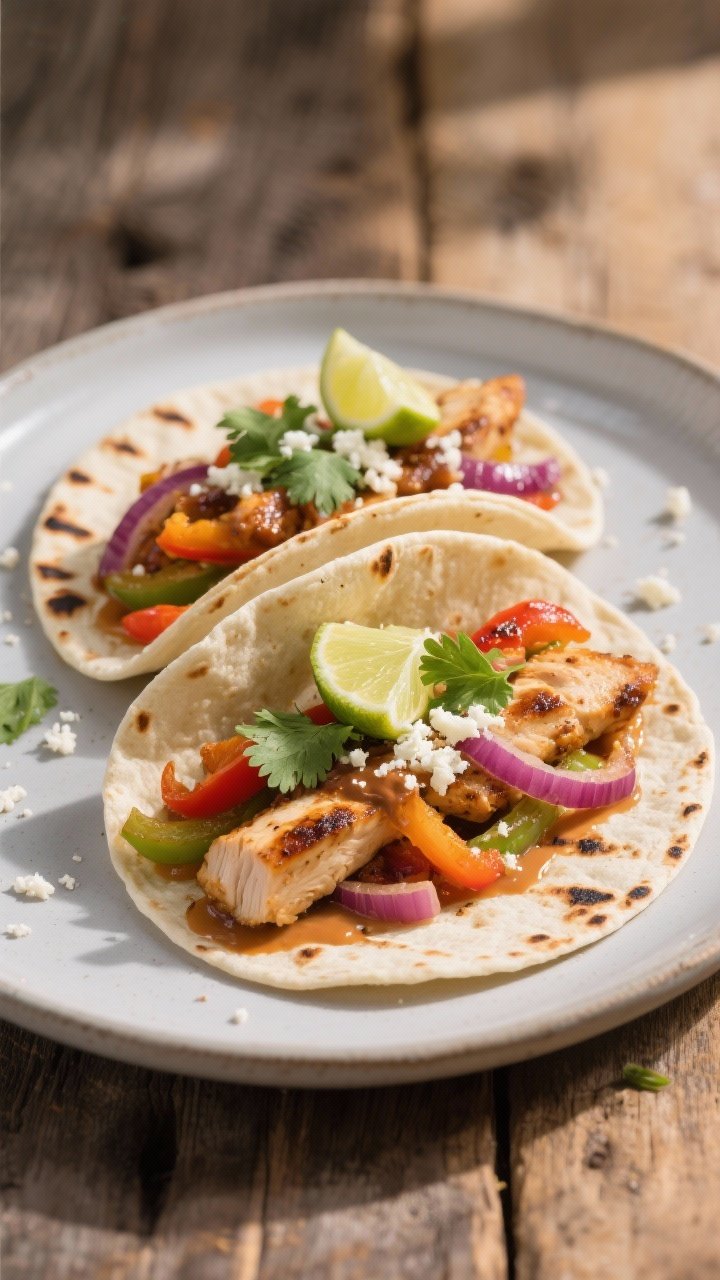 Final plated dish: Two assembled chicken fajitas on lightly charred flour tortillas, loaded with jui