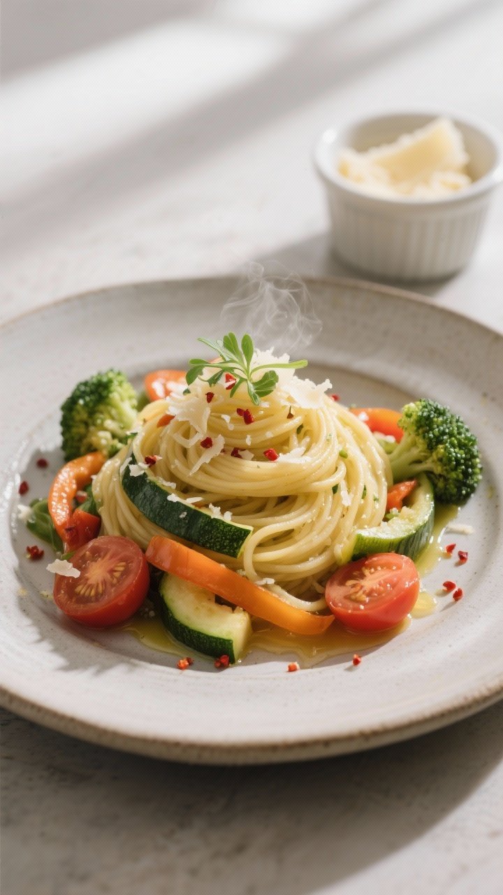 Final plated elegance: Single-portion plate of Spaghetti Squash Primavera styled like a date-night e
