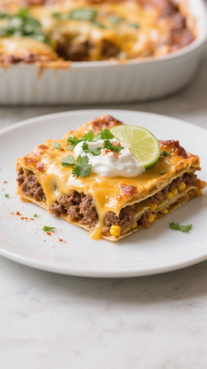 Final plated hero: A square slice of Ground Beef Enchilada Casserole on a matte white plate, clean c