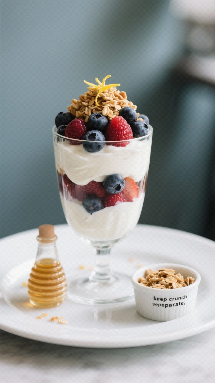 Final plated hero image: Restaurant-quality presentation of a fully assembled Greek Yogurt Berry Par