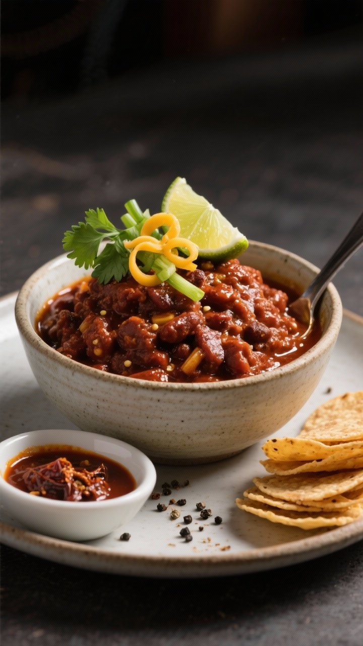 Final plated hero – Restaurant-quality presentation of a ladled serving of chili with “finish st