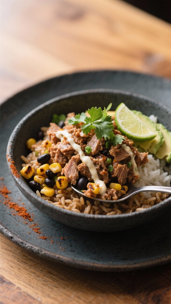 Final plated hero: Restaurant-quality presentation of a single burrito bowl, three-quarter angle for