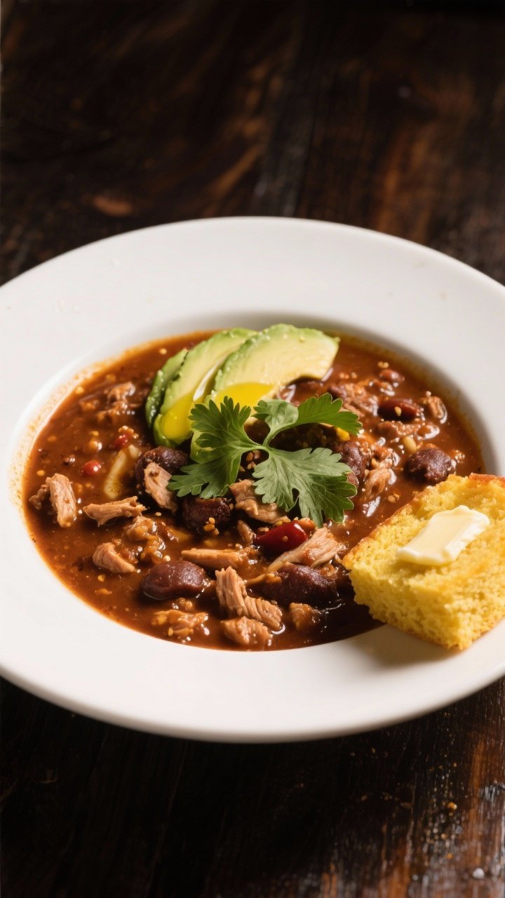 Final plated hero: Restaurant-quality presentation of turkey chili ladled thick into a shallow white
