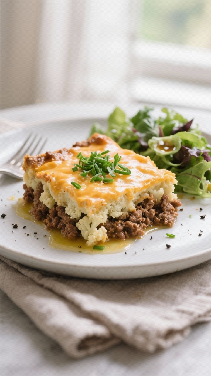 Final plated hero shot: A generous square of Low-Carb Ground Beef Cauliflower Casserole served on a 