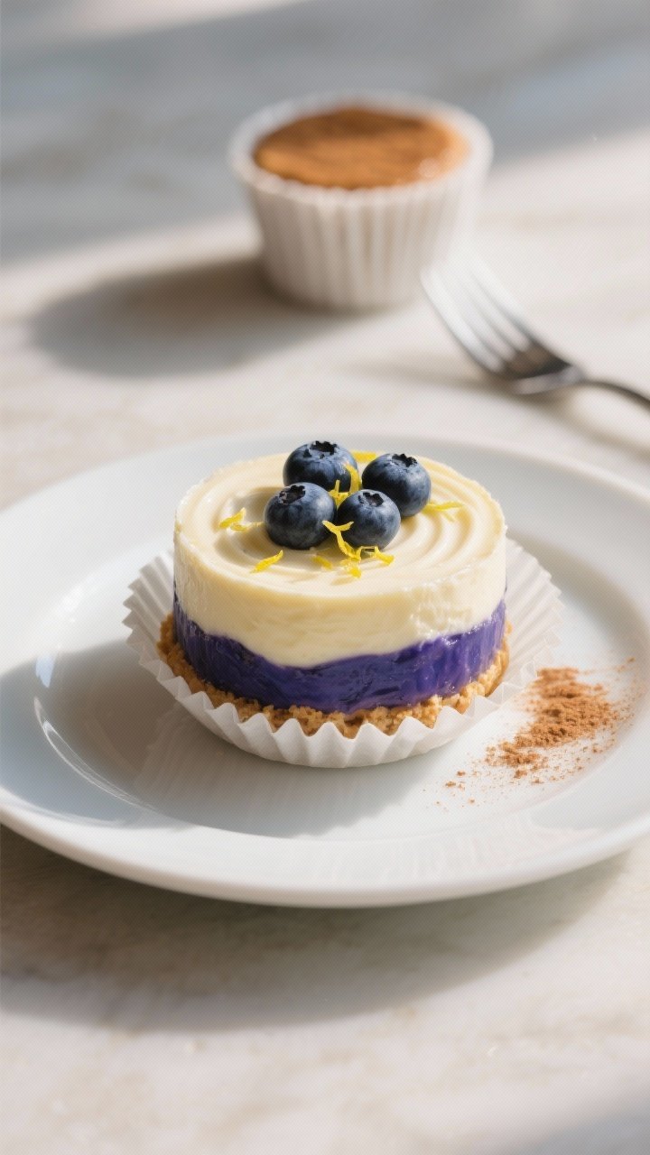 Final plated hero shot: a single peeled cheesecake cup on a small white ceramic plate, liner partial