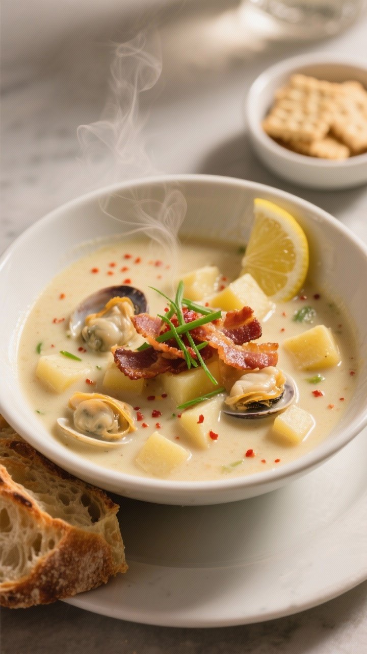 Final plated hero shot, close-up: Restaurant-quality presentation of a rich, steaming bowl of New En