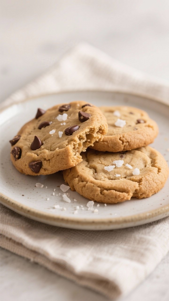 Final plated hero shot of 3–4 peanut butter cookies on a small ceramic dessert plate, one cookie b