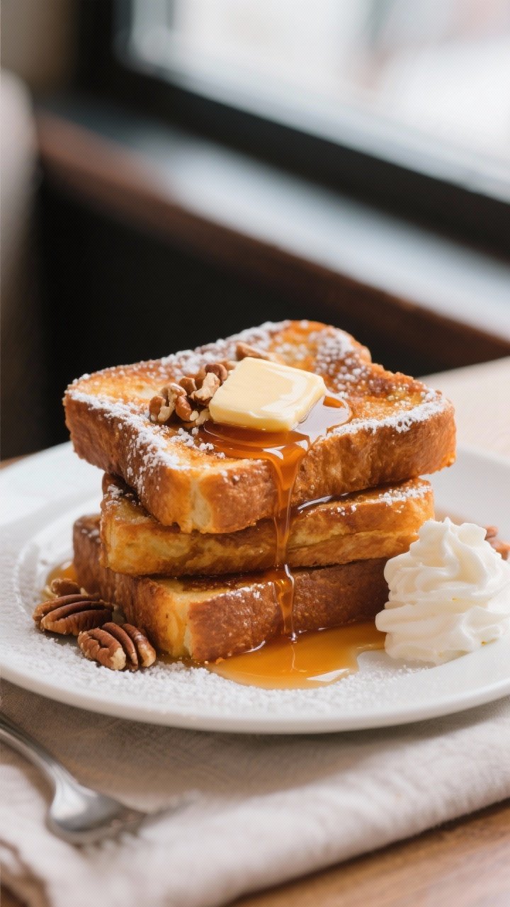 Final plated hero shot: Stack of pumpkin French toast (3 slices) on a matte white plate, topped with