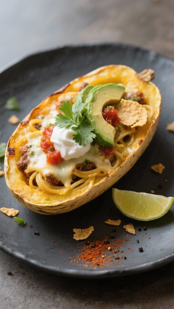 Final plated hero: Single taco-stuffed spaghetti squash boat served on a matte charcoal platter, che