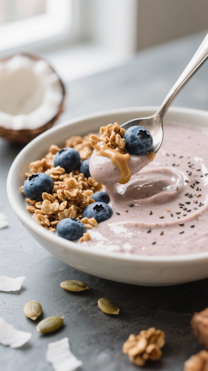 Final plated hero — spoonable texture close-up: Tight macro shot of the smoothie bowl just after s