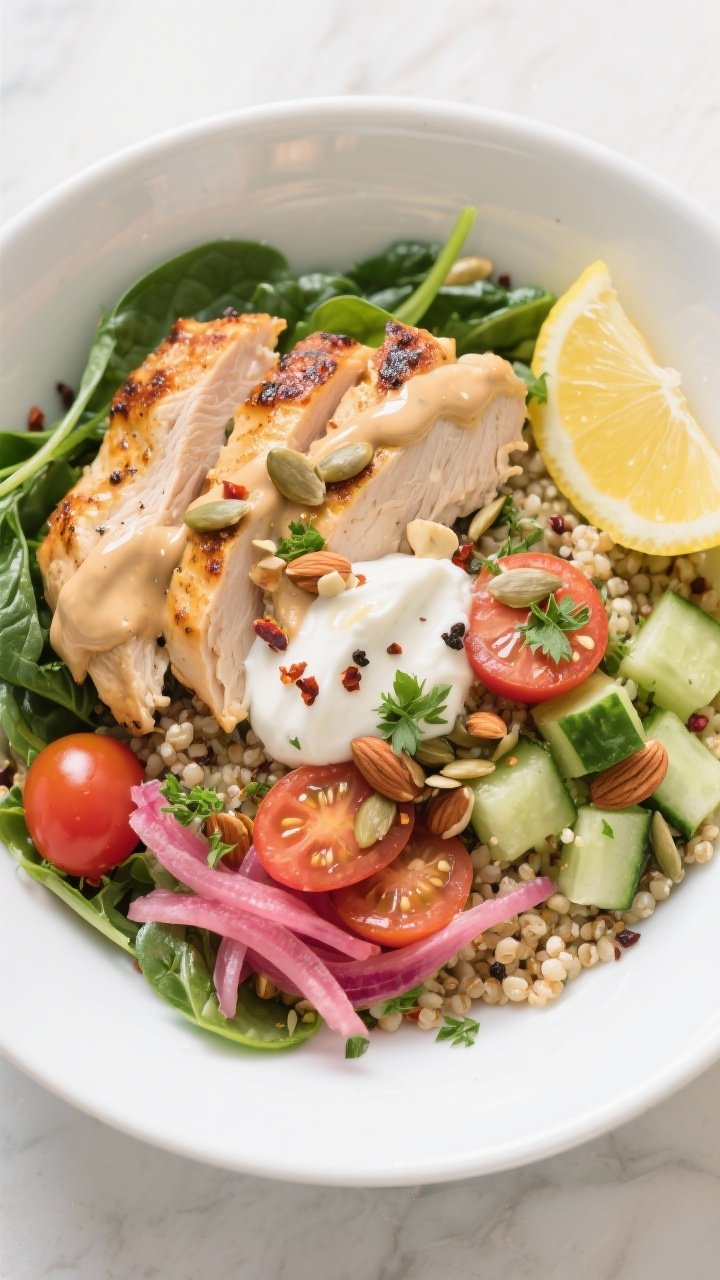 Final plated overhead: Grilled Chicken Quinoa Bowl fully assembled in a wide white bowl—herbed qui