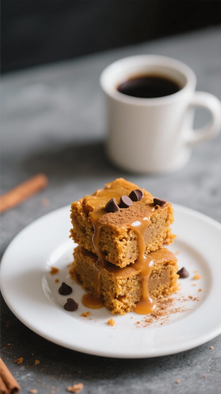 Final plated presentation: A dessert plate with two Pumpkin Blondie squares stacked slightly offset 