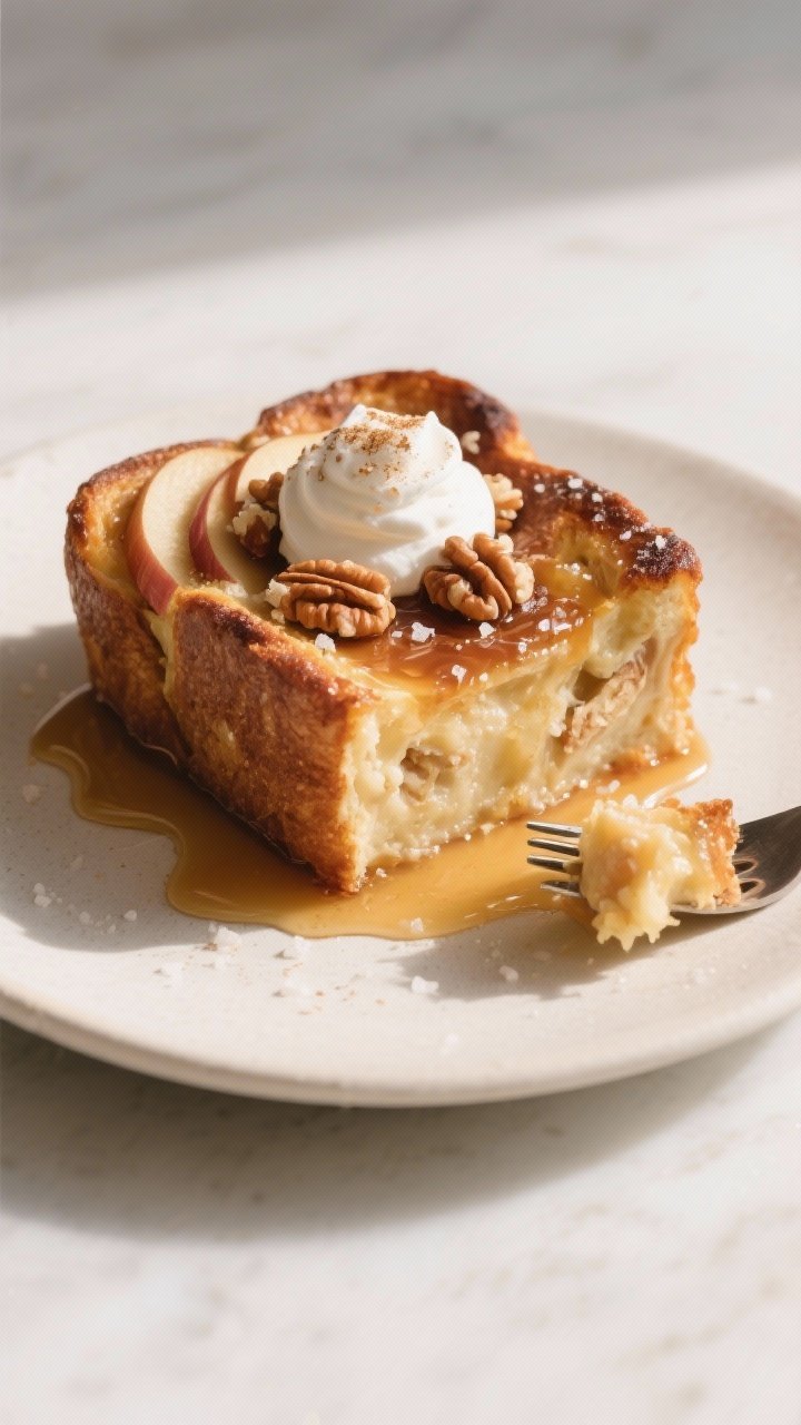 Final plated presentation, : A generous square of Apple Cinnamon French Toast Bake served on a matte