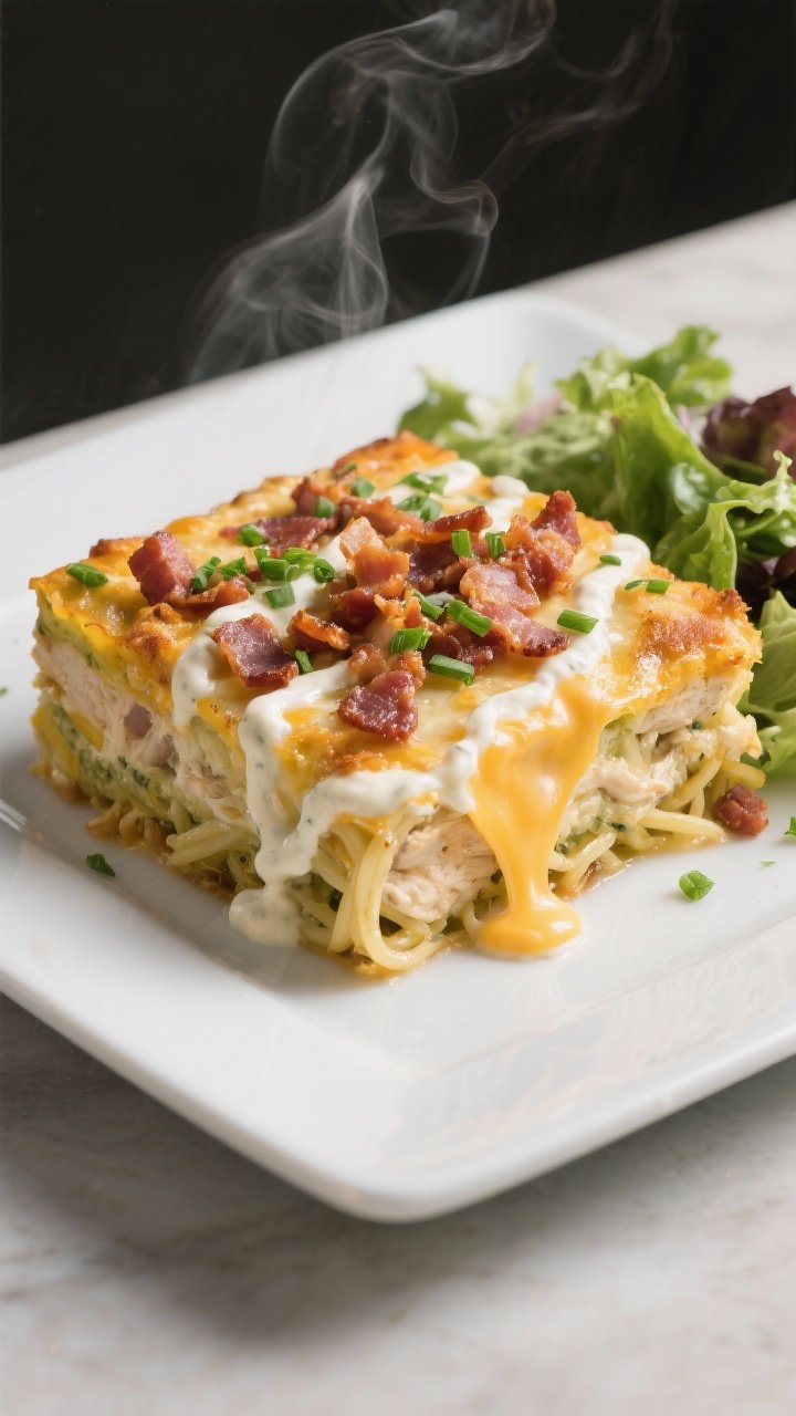 Final plated presentation: A generous square of Chicken Bacon Ranch Spaghetti Squash Casserole serve