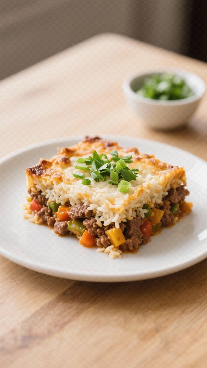 Final plated presentation: A generous square of the finished Ground Beef and Rice Casserole neatly l