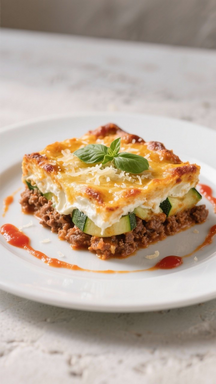 Final plated presentation: A tidy square slice of the finished Ground Beef and Zucchini Casserole on