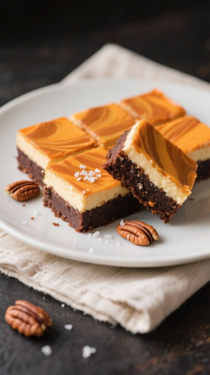 Final plated presentation: neat squares of chilled pumpkin cheesecake brownies (clean, sharp layers 