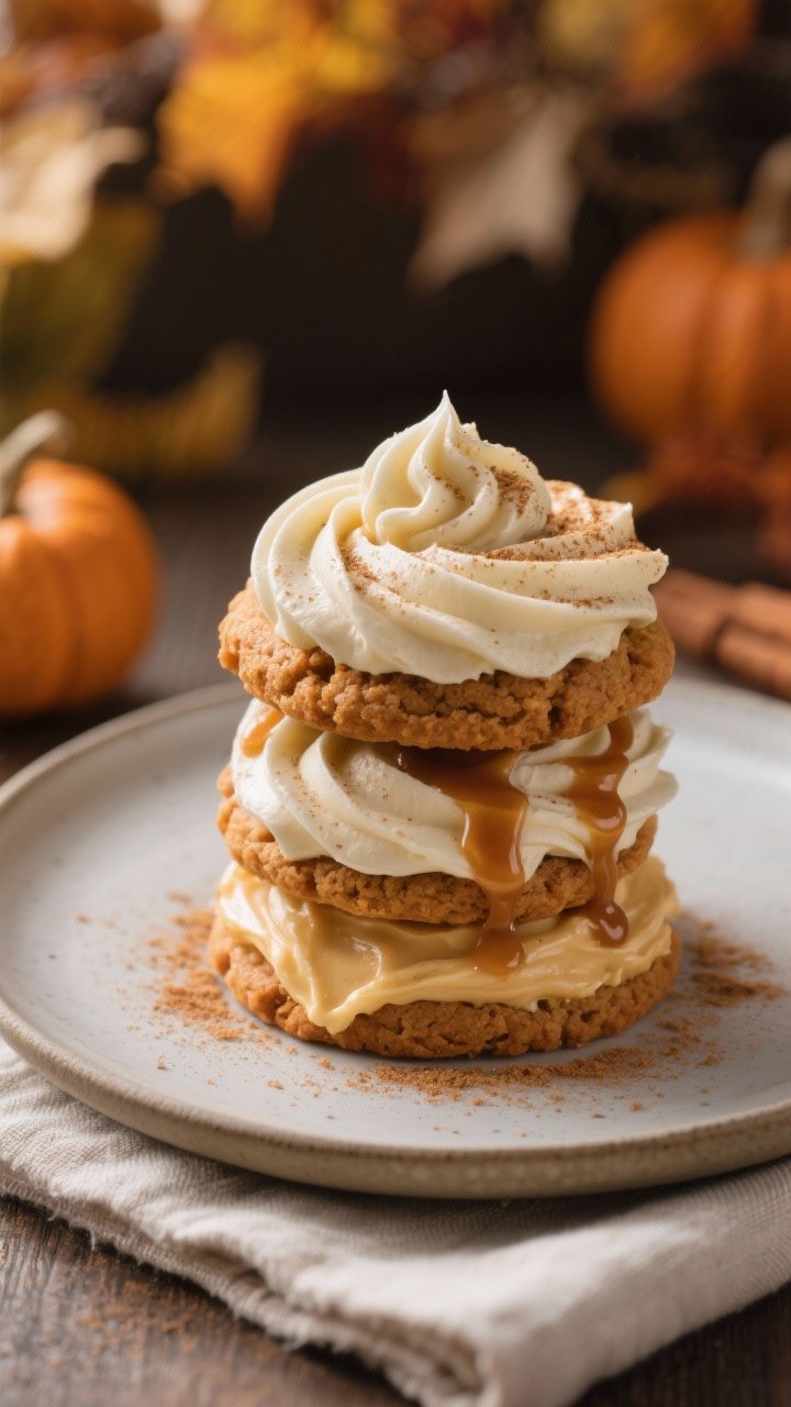Final plated presentation: Restaurant-quality plate of three frosted pumpkin cookies stacked and off