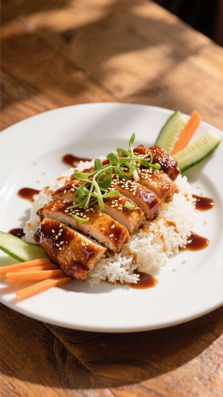 Final plated presentation: Restaurant-quality plate of sliced honey garlic chicken thighs arranged i