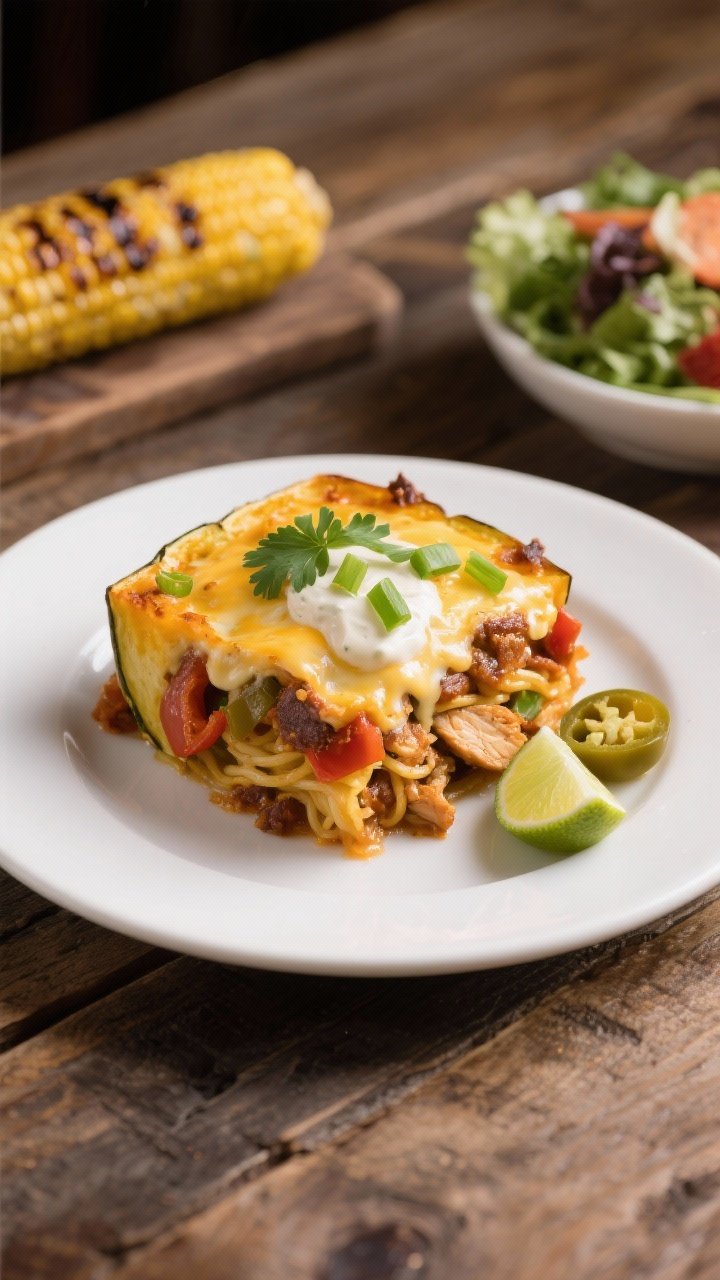Final plated presentation: Restaurant-quality plate of BBQ Chicken Spaghetti Squash Bake, a neatly s