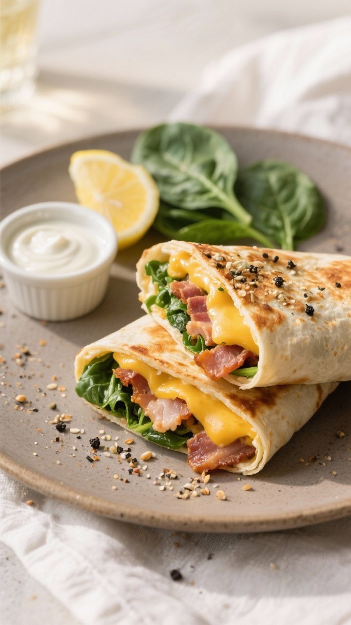 Final plated presentation: Restaurant-quality scene featuring two finished Turkey Bacon & Spinach Br