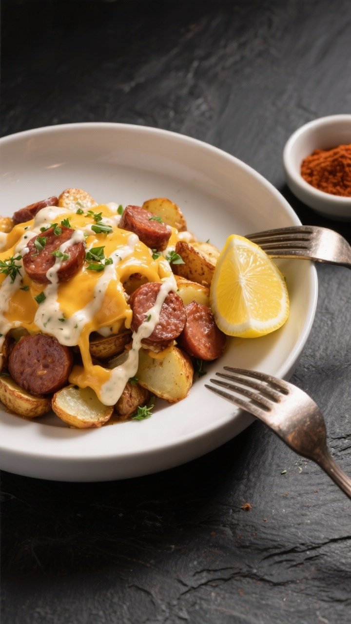 Final plated presentation: Restaurant-quality serving of the dish in a shallow matte-white bowl, hea