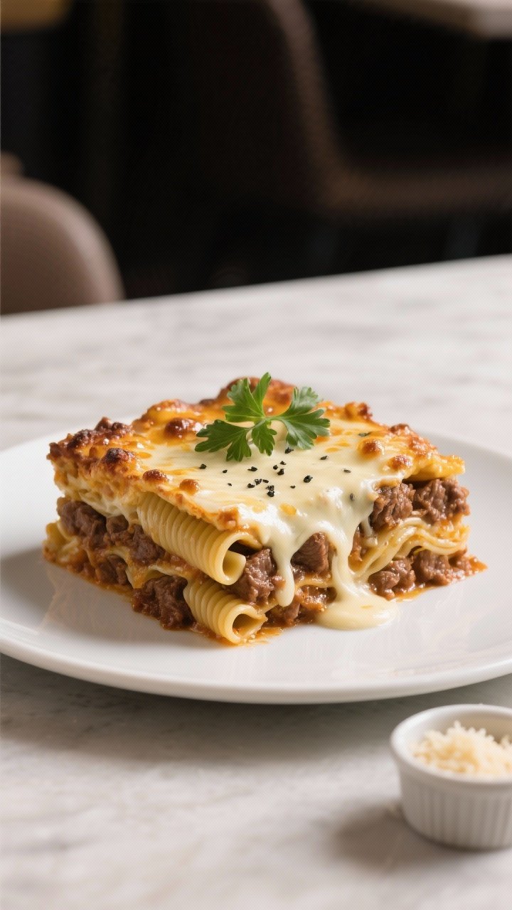 Final plated presentation: Restaurant-style slice of the casserole served on a matte white plate—s