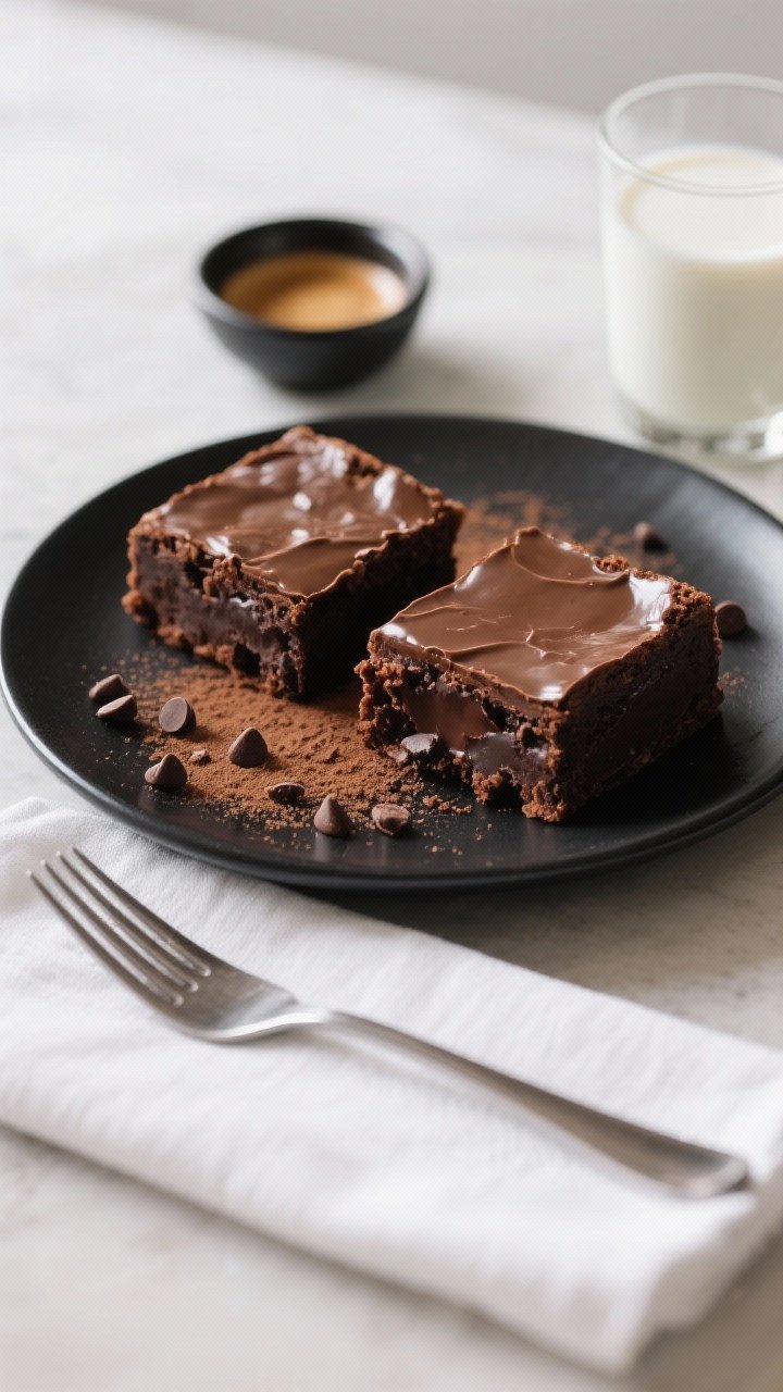 Final plated presentation: Two neatly cut brownie squares on a matte black plate, showcasing fudgy i