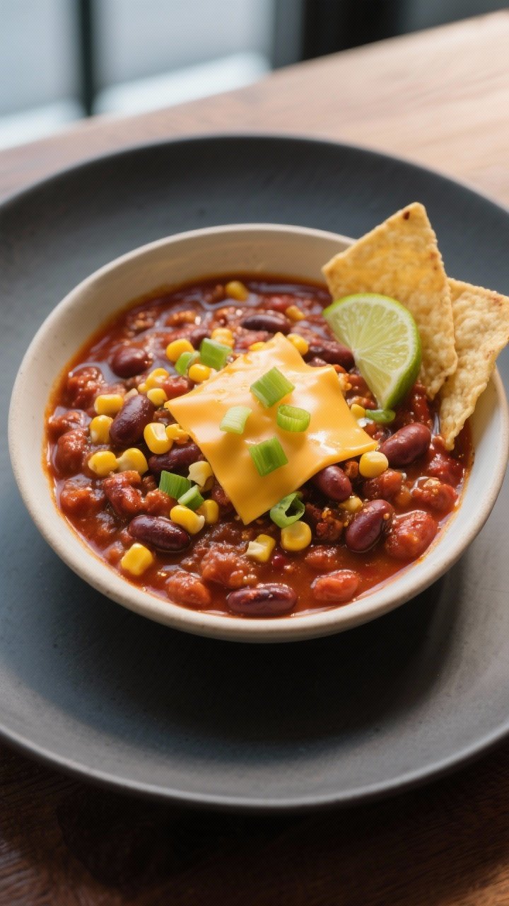 Final plated, restaurant-quality presentation: A single-serving wide, shallow bowl of 3-bean chili s